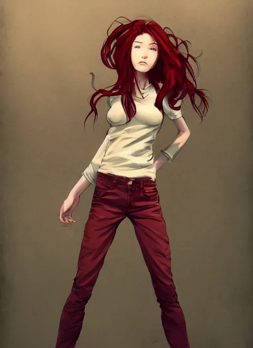 Image similar to full - body shot of an attractive tomboy girl with long, crimson red hair and red eyes, wearing a brown, open jacket and green jeans with a stern look, concept art, character design, by wlop, by ross draws, by tomine, by satoshi kon, by rolf armstrong, by peter andrew jones, beksinski