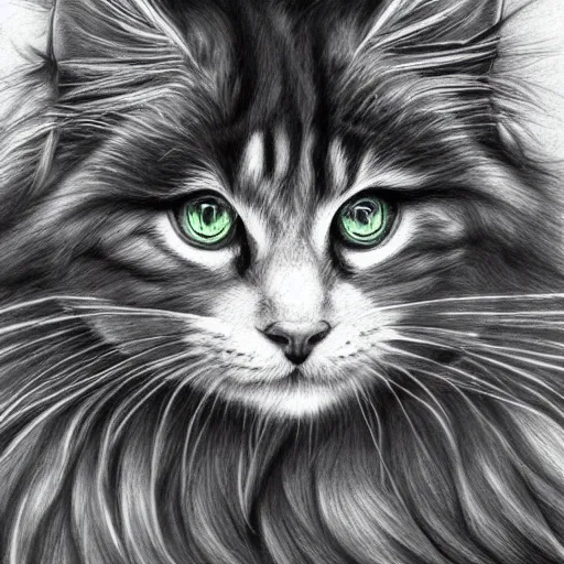 Prompt: long - haired siberian cat, illustration, charcoal, trending, artstation, hyper - detailed, coulson, peter