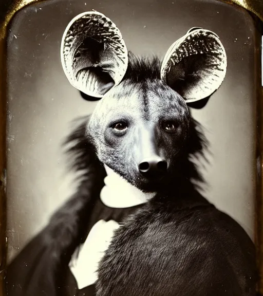 Image similar to professional studio photo portrait of anthro anthropomorphic spotted hyena head animal person fursona smug smiling wearing crown elaborate pompous royal king robes clothes degraded medium by Louis Daguerre daguerreotype tintype