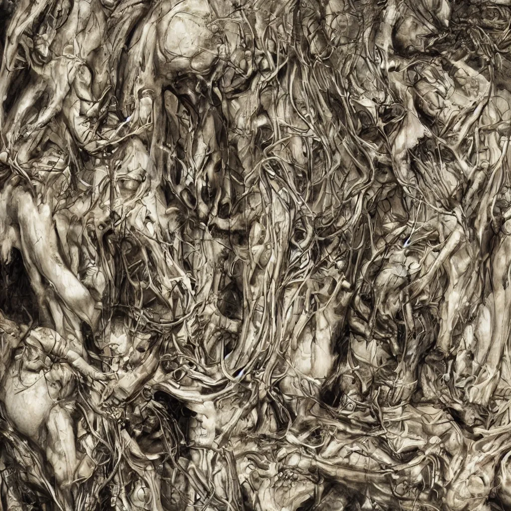 Image similar to realistic shot bloody bones, organs and flesh, biomechanical technology, natural light, by h r giger