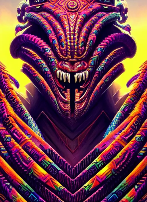 Image similar to hyper detailed ultra sharp aztec serpent warrior trance man. trending on artstation, warpaint aesthetic, earthwave, colorful, neon, ornate, intricate, digital painting, concept art, smooth, sharp focus, illustration, art by artgerm and greg rutkowski and h. r. giger, 8 k