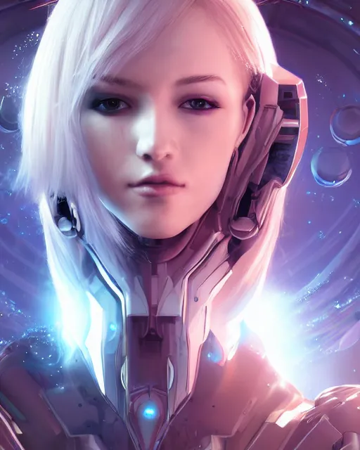 Image similar to perfect android girl on a mothership, warframe armor, beautiful face, scifi, futuristic, galaxy, nebula, raytracing, dreamy, long white hair, blue cyborg eyes, sharp focus, cinematic lighting, highly detailed, artstation, divine, by gauthier leblanc, kazuya takahashi, huifeng huang