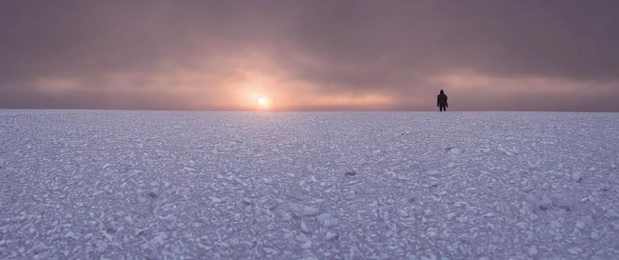 Image similar to a high quality color extreme closeup depth of field creepy hd 4 k film 3 5 mm photograph of the faint barely visible silhouette of a bulky man walking away from a blizzard into a clear desolate snow field with the golden sunset antarctica sky in the distance