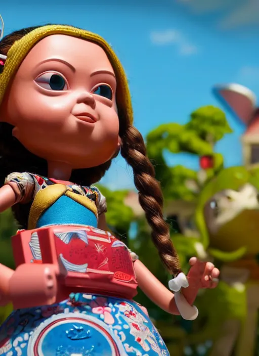 Image similar to highly detailed closeup, profile portrait of a tin toy tin toy greta thunberg bikini mini - skirt, unreal engine, nicoletta ceccoli, mark ryden, earl norem, lostfish, global illumination, detailed and intricate environment