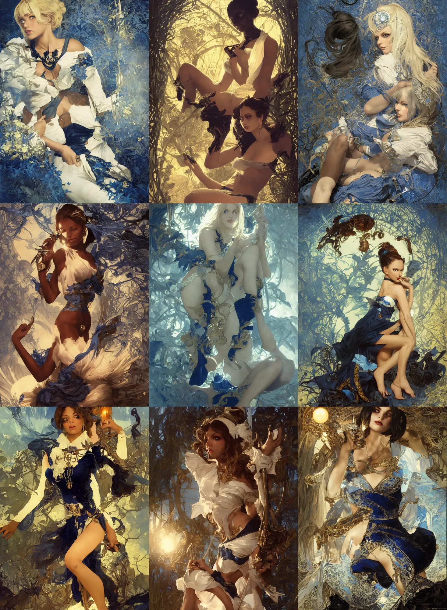 Prompt: of a Ramlethal Valentine, dark fantasy, medium shot, intricate, elegant, blue and white and gold, warm light, highly detailed, digital painting, volumetric light, artstation, concept art, smooth, sharp focus, illustration, art by Gil Elvgren and Greg Rutkowski and Alphonse Mucha