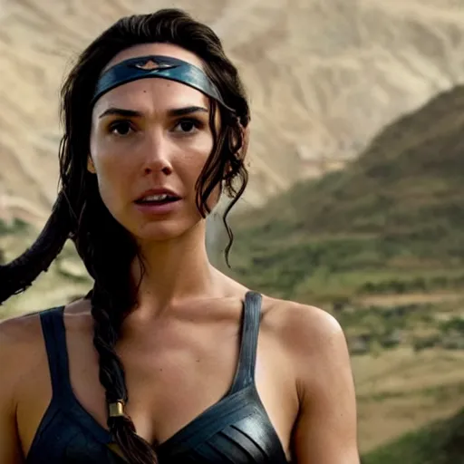 Prompt: a still from a film of Gal Gadot as Lara Croft in a beautiful ancient peruvian town, mid shot, highly detailed face