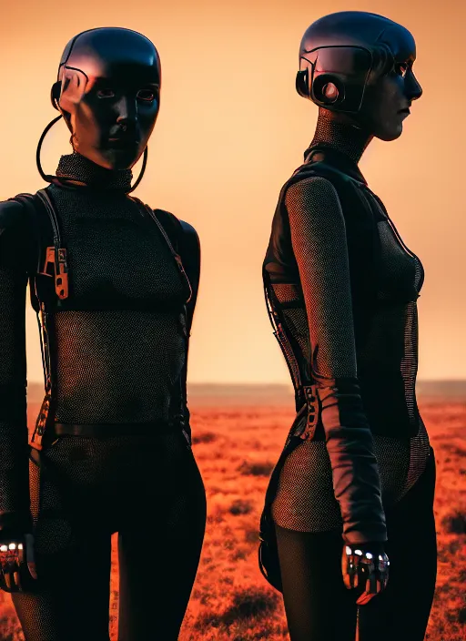 Prompt: cinestill 5 0 d photographic portrait of two scandalous loving female androids wearing rugged black mesh techwear on a desolate plain with a red sky, extreme closeup, cyberpunk style, garters, dust storm, 8 k, hd, high resolution, 3 5 mm, f / 3 2, ultra realistic faces, ex machina