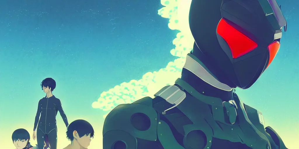 Image similar to portrait of a kamen rider rx by ilya kuvshinov, cloudy sky background lush landscape ln illustration concept art anime key visual trending pixiv by victo ngai fanbox by greg rutkowski makoto shinkai takashi takeuchi studio ghibli