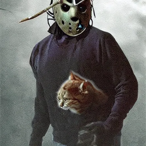 Image similar to Jason Voorhees walking a cat photo realistic