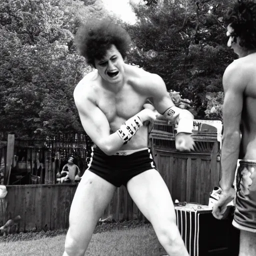 Prompt: Ronald McDonald vs Kurger Bing backyard wrestling, 35mm film