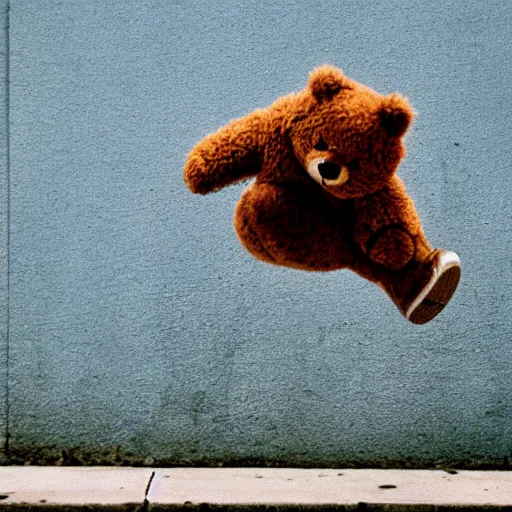 Prompt: Award winning 35mm color photography, of a teddy bear doing a kick flip, off the sidewalk in down town Tampa, Fl