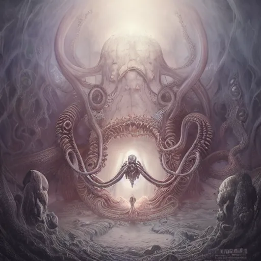 Prompt: curiosities from lovecraft botanical land, soft paint of a single curvy beautiful necromancer of madness and insanity in full mage armor, symmetry accurate features, horror, tentacles, dense volumetric fog, focus, very intricate ultrafine details, gloomy colors, award winning masterpiece, tom bagshaw artstyle