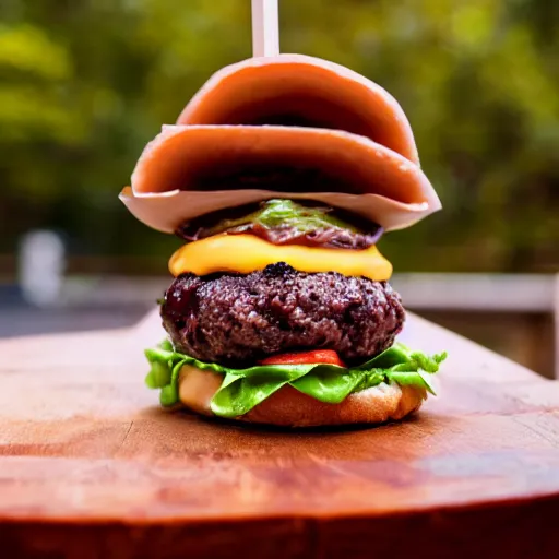 Image similar to very stacked burger, award winning photo, food photography, golden hour, holy