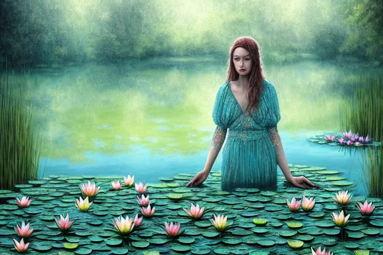 Image similar to light teal portrait in the rain on pond with waterlilies, fantasy, intricate, elegant, dramatic lighting, emotionally evoking symbolic metaphor, highly detailed, lifelike, photorealistic, digital painting, artstation, concept art, smooth, sharp focus, illustration, art by John Collier and Albert Aublet and Krenz Cushart and Artem Demura and Alphonse Mucha