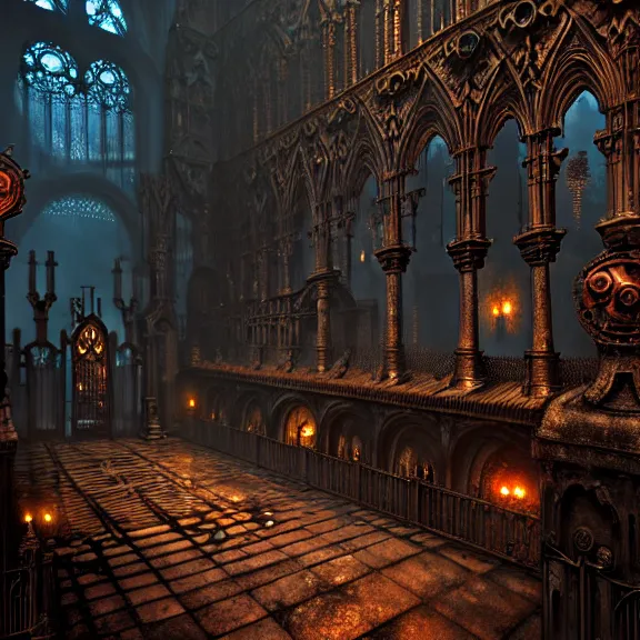 Image similar to steam necropolis, memento mori, gothic, neo - gothic, art nouveau, hyperdetailed copper patina medieval icon, stefan morrell, philippe druillet, ralph mcquarrie, concept art, steampunk, unreal engine, detailed intricate environment, octane render, moody atmospherics, volumetric lighting, ultrasharp, ominous, otherworldly