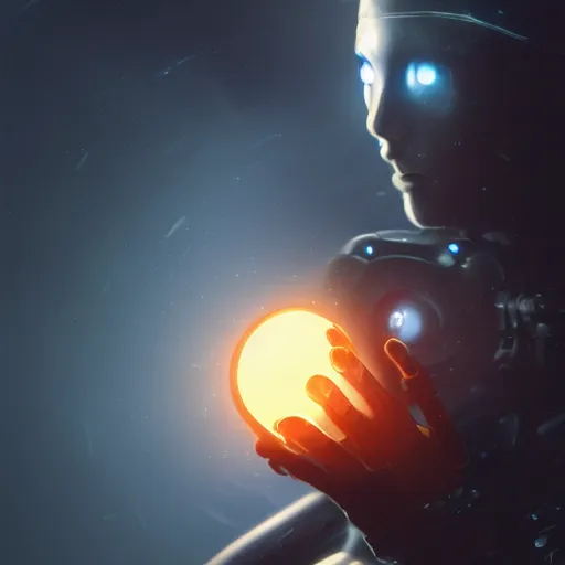 Image similar to A bionic hand holding a glowing orb, cybernetic scifi, deep depth of field, artstation, 8K, highly coherent, enigmatic, oil painting, matte, black background, By Jordan Grimmer