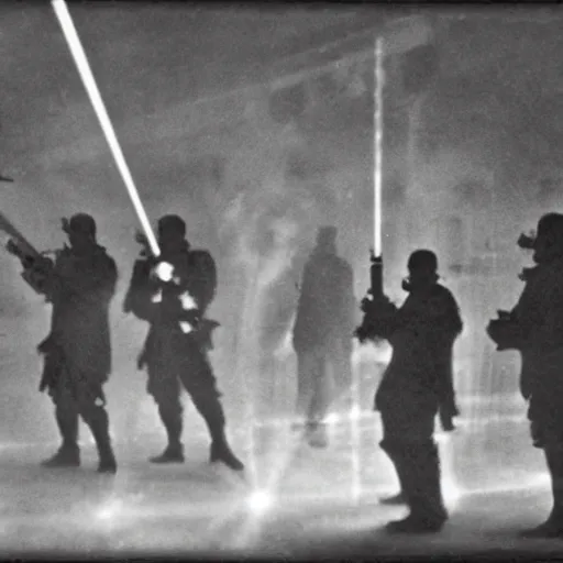 Prompt: grainy 1800s photo of a cybernetic warriors shooting humans with laser weapons in a smoky city