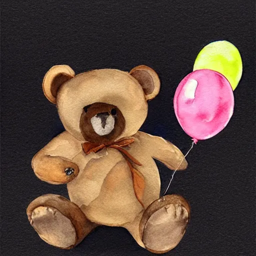 Image similar to watercolor cute animated teddy bear holding birthday balloons, white background,