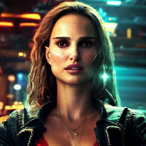 Image similar to a high quality portrait of natalie portman as a pirate in a cyberpunk cyberpunk cyberpunk cafe, realism, 8k, award winning photo