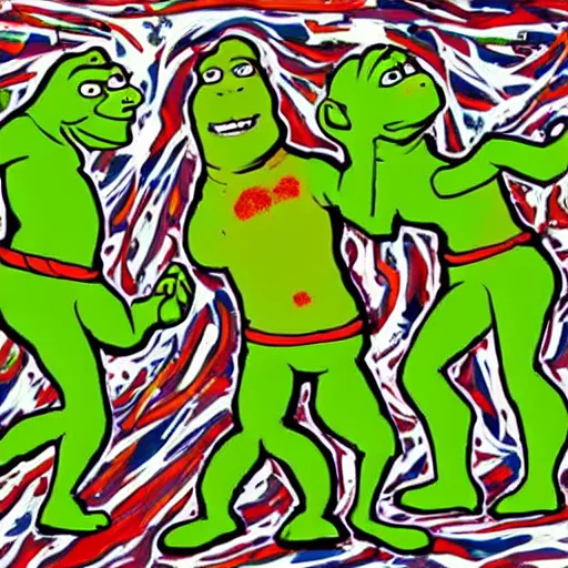 Image similar to shrek in the style of a jackson pollock painting