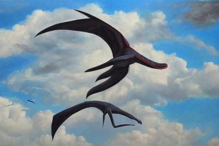 Image similar to oil painting of a giant pterodactyl flying through the clouds, multi chromatic, single area of attention, still life, soft outlines, elegant and refined painting, fully rendered light to shadow