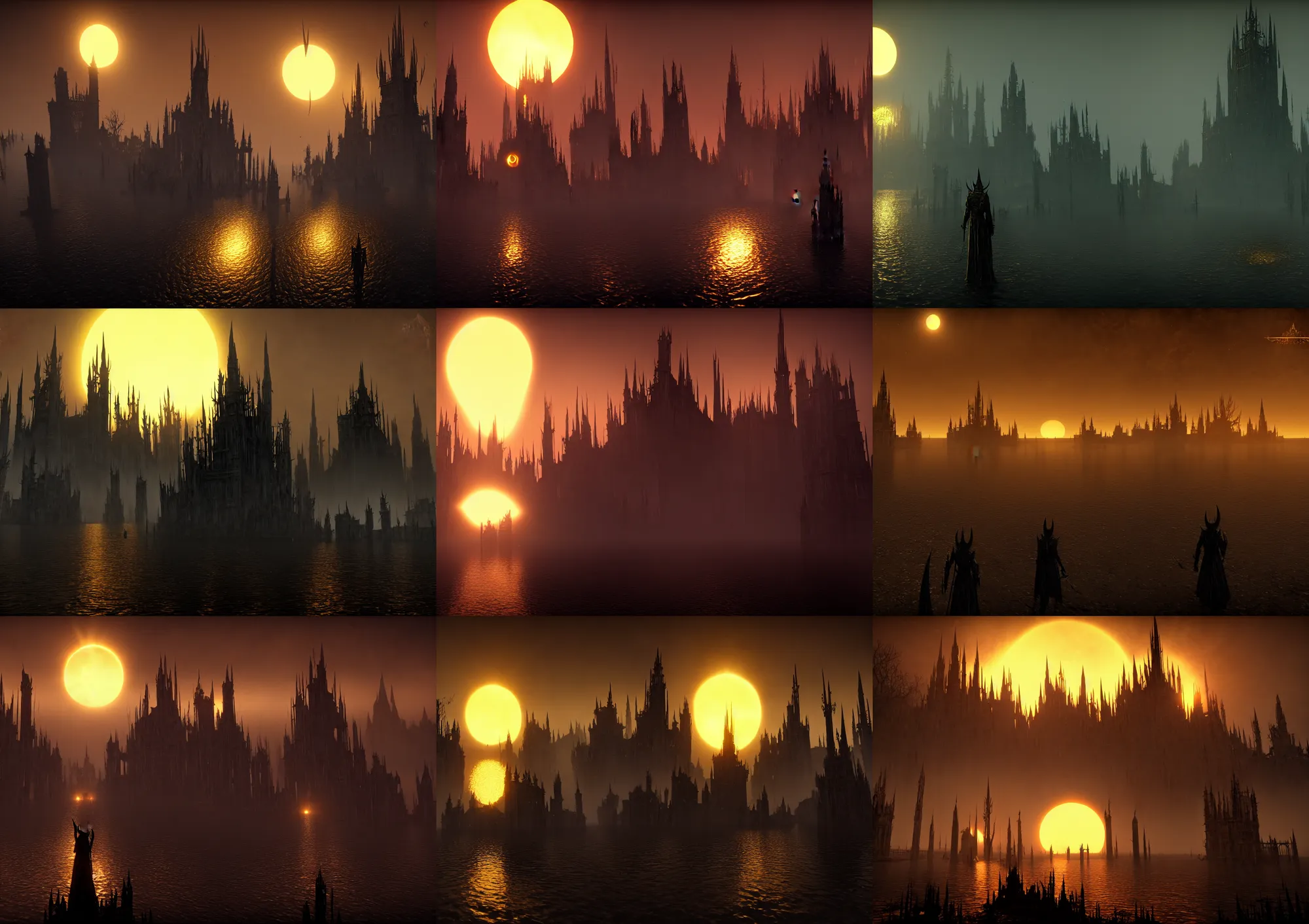 Prompt: the golden spires of the carcosa palace are illuminated by huge black sun, and the lake is reflecting the shadow of yhtill's remnants curled gunsmoke. 8 k, bloodborne cg style