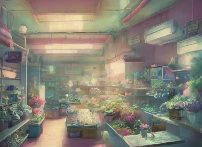 Image similar to placid pastel morning cozy moody cluttered painterly fluffy tiny cramped pet store, lots of aquariums, slanted ceiling, tiny space, particulate, trending on pixiv