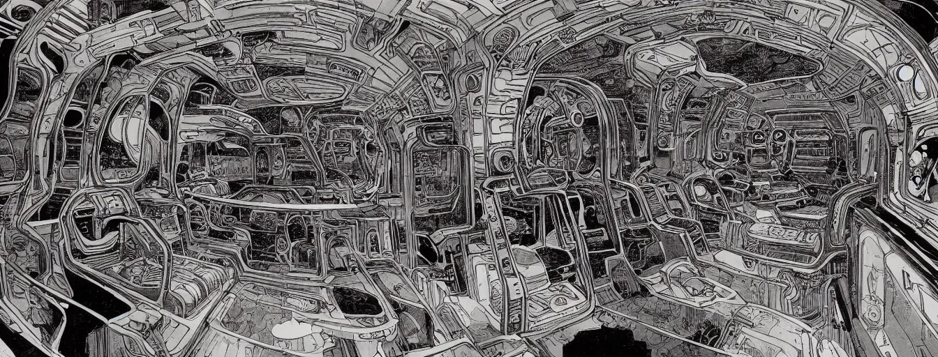 Image similar to cinematic shot of the interior of a sci - fi spaceship made with ornate biomachanical architecture and highly advanced technology, intricate linework, style of jean giraud moebius comic art