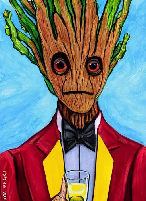 Image similar to painting of the groot as a gentleman wearing tuxedo drinking wine, vivid colors, masterpiece, artwork