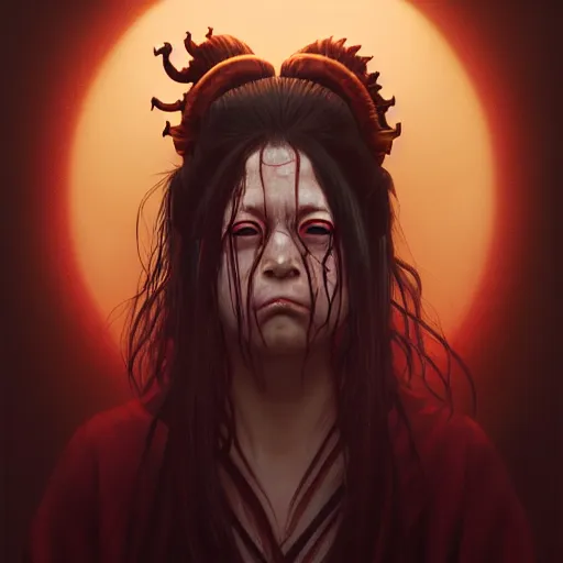 Image similar to horrifying creepy futakuchi - onna portrait, atmospheric lighting, painted, menacing, intricate, volumetric lighting, beautiful, rich deep colours masterpiece, golden hour, sharp focus, ultra detailed, by leesha hannigan, ross tran, thierry doizon, kai carpenter, ignacio fernandez rios