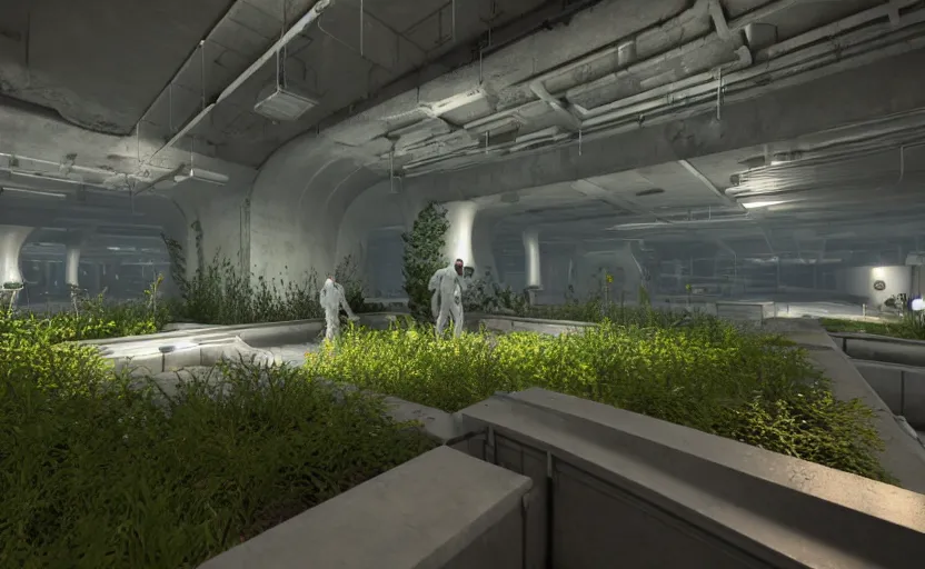 Prompt: in-game screenshot of a group of hazmat scientists on unreal engine 5, in a liminal underground garden, photorealistic, retrofuturism, brutalism, staggered terraces, minimalist, soft vintage glow