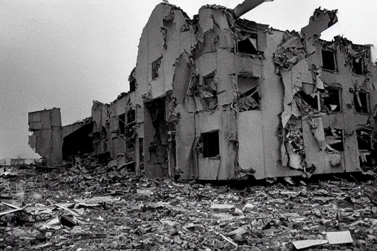 Prompt: flash photograph of soviet destroyed military building, ground zero, Radioactive Contamination, detail, 1985, creepy, dark, haunted, heavy rain, vintage photo