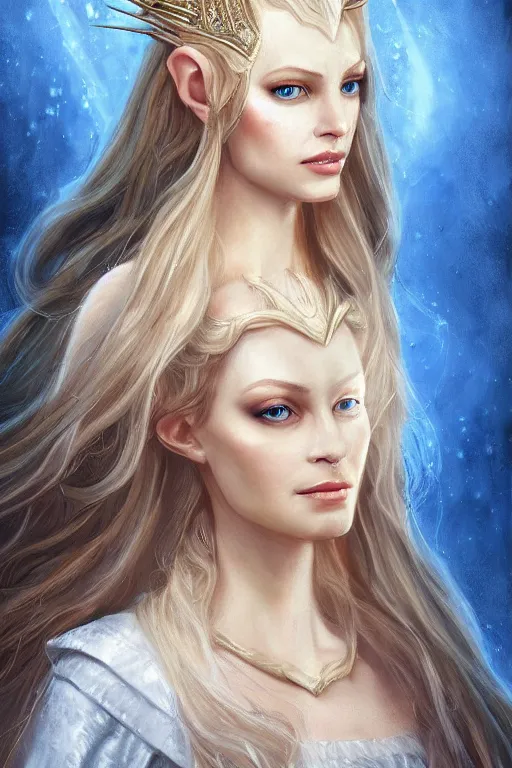 Image similar to portrait, headshot, digital painting, of elven queen Galadriel, beautiful, tall, white dress, fair curly hair, blue eyes, realistic, hyperdetailed, chiaroscuro, concept art, art by allan Ramsay