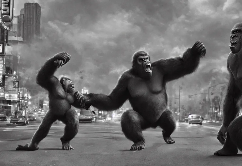 Prompt: An king Kong rage on street, Hollywood scene , cinematic , full color