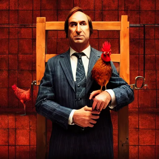 Image similar to saul goodman and a rooster in a saw movie torture chamber, saw movie jigsaw background, saul goodman, rooster, photo