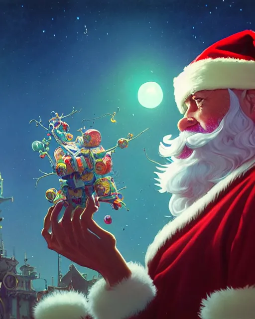 Image similar to highly detailed surreal vfx portrait of a candypunk santa, stephen bliss, unreal engine, greg rutkowski, loish, rhads, beeple, makoto shinkai and lois van baarle, ilya kuvshinov, rossdraws, tom bagshaw, alphonse mucha, global illumination, detailed and intricate environment