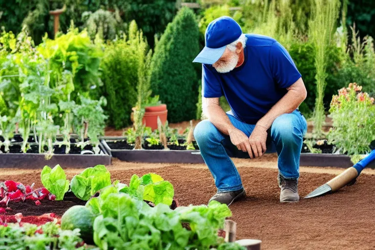 Prompt: middle - age - man wearing baseball cap looking down to the ground kneeling beside a healthy luscious beautiful vegetable garden with gardening tool leaning by his side