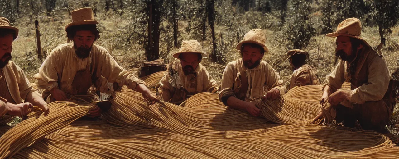 Image similar to wide shot harvesting spaghetti during the gold rush, no faces, intricate, sigma 5 0 mm, cinematic lighting, photography, wes anderson, film, kodachrome