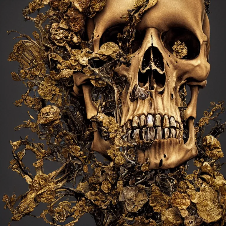 Image similar to A beautiful oil painting hyperrealism of a decayed black skeleton head, rotting black clay skin, bones, close up, gold flowers, gold floral headdress, 8k resolution, octane render, Trending on artstation, by Gediminas Pranckevicius, volumetric light 2blue fractal Thunder glow by dan mumford, anaglyph effect, Laurie Lipton