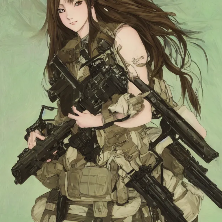 Prompt: soldier girl, trading card front, anime style, long hair, hair down, symmetrical facial features, green eyes, from girls frontline, hyper realistic, pale skin, 4k, rule of thirds, extreme detail, detailed drawing, trending artstation, hd, fantasy, D&D, realistic lighting, by Alphonse Mucha, Greg Rutkowski, sharp focus, backlit, full soldier clothing