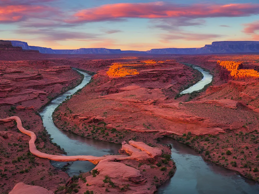 Image similar to “a river bend running through a canyon surrounded by desert mountains at sunset, moab, utah, a tilt shift photo by Frederic Church, trending on unsplash, hudson river school, photo taken with provia, national geographic photo”