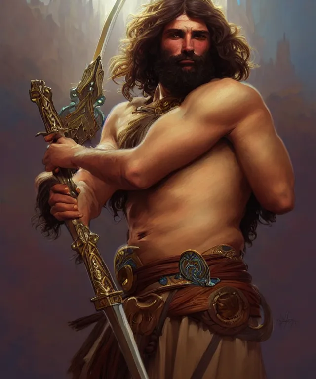 Prompt: portrait of biblical hairy samson holding a lance, intricate, headshot, highly detailed, digital painting, artstation, concept art, sharp focus, cinematic lighting, illustration, art by artgerm and greg rutkowski, alphonse mucha, cgsociety