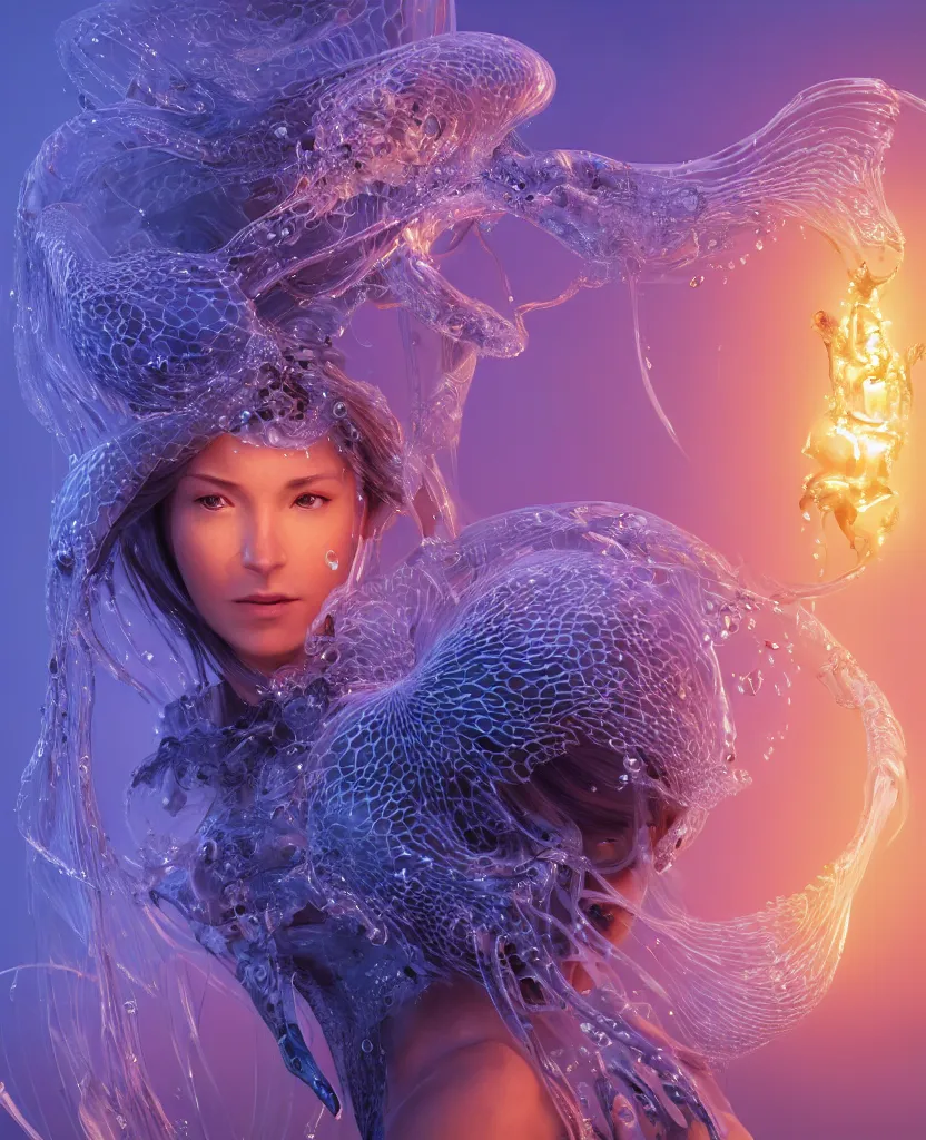 Image similar to close-up macro portrait of the face of a beautiful princess, epic angle and pose, symmetrical artwork, 3d with depth of field, blurred background, cybernetic jellyfish female face skull phoenix bird, translucent, nautilus, energy flows of water and fire. a highly detailed epic cinematic concept art CG render. made in Maya, Blender and Photoshop, octane render, excellent composition, cinematic dystopian brutalist atmosphere, dynamic dramatic cinematic lighting, aesthetic, very inspirational, arthouse. y Greg Rutkowski, Ilya Kuvshinov, WLOP, Stanley Artgerm Lau, Ruan Jia and Fenghua Zhong