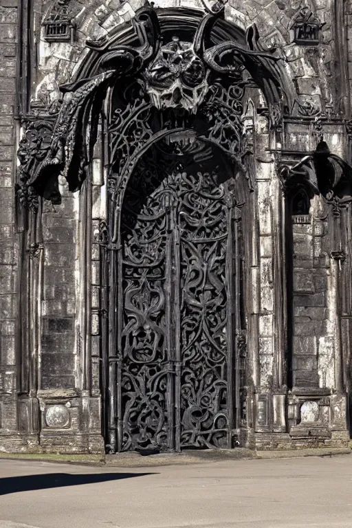 Image similar to a portal gate to hell malde of cast iron. hyper - detailed. ominous shapes. epic. sinister. medieval