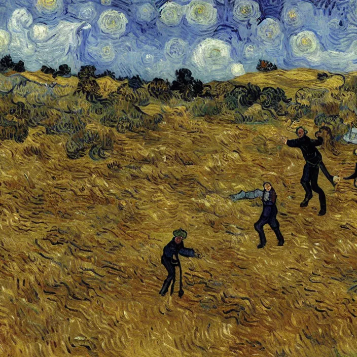 Image similar to adult man and woman playing on the open moorland, painting by van gogh