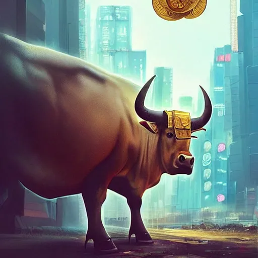 Image similar to a painting of a bull with a gold coin on its back, cyberpunk art by Mike 'Beeple' Winkelmann, instagram contest winner, fantasy art, art on instagram, concept art, dystopian art