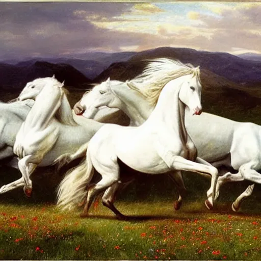 Prompt: ultra wide angle landscape portrait :: six muscular photorealistic white horses run wildly in the wind across a vast field of poppies at twilight :: styles by John Frederick Herring, Susan Crawford, Rosa Bonheur, Jacques-Louis David, and John Collier