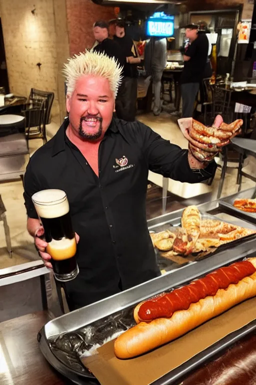 Prompt: guy fieri, dimly lit, stands in a hallway, cradling a guinness world record hot dog