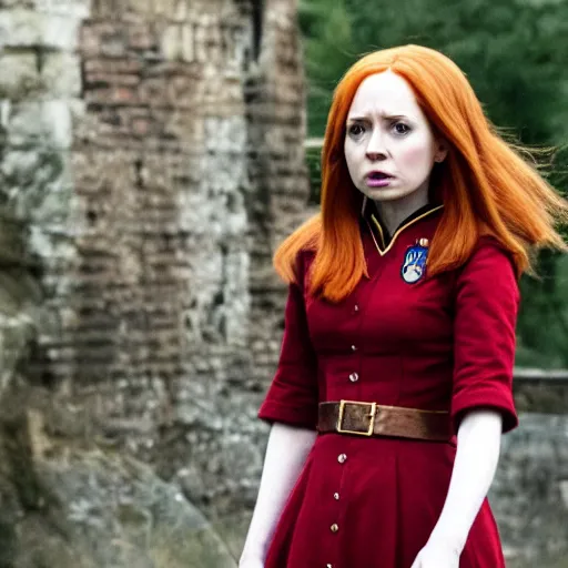 Image similar to A still of Karen Gillian starring as Hermione Granger in her Gryffindor uniform