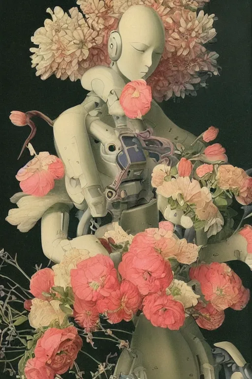 Prompt: a elegant anime robot with fluo color detail, and muted arm colors, that looks like a insect, on top of dutch master painting of flowers